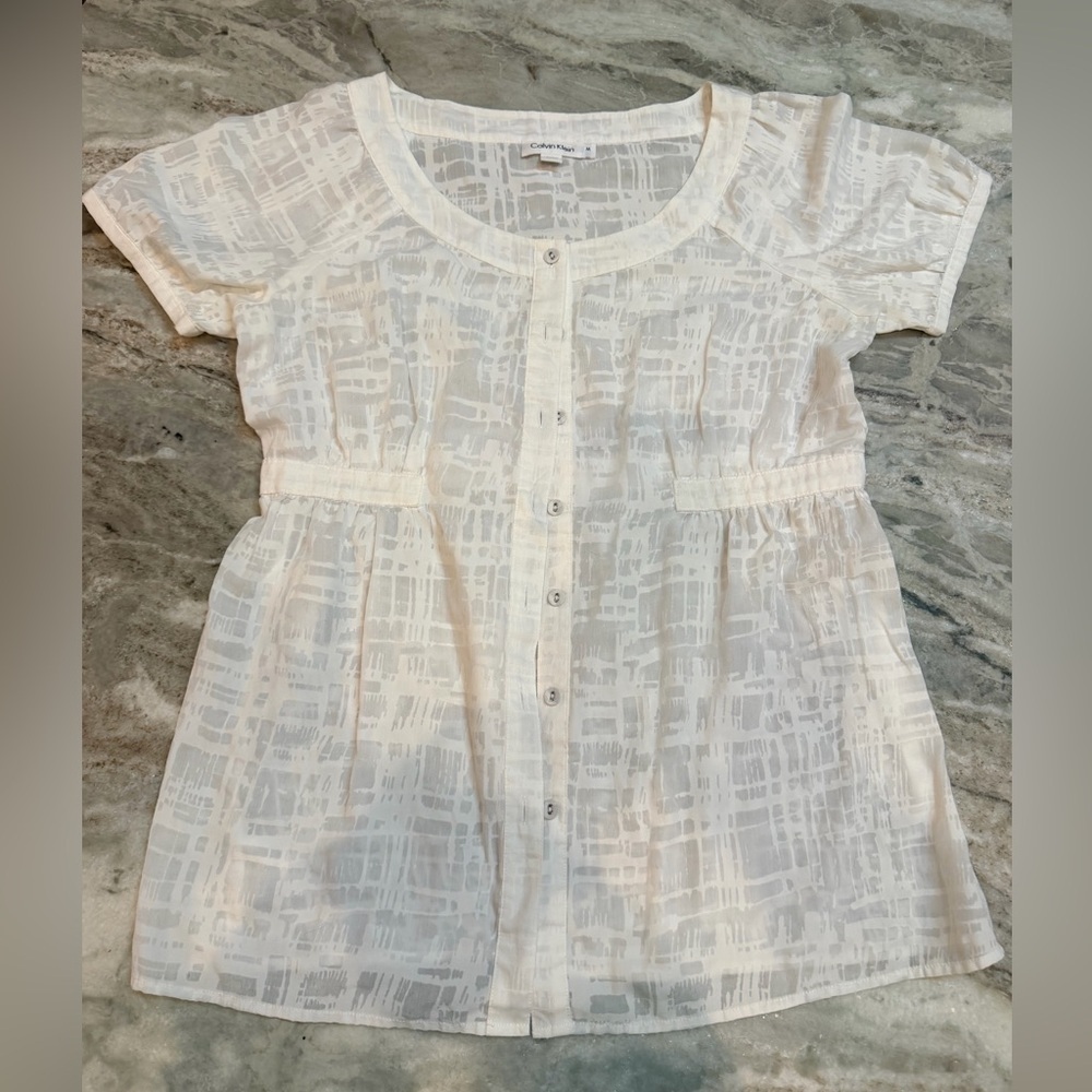 Calvin Klein White Gray Abstract Print Short Sleeve Tee Shirt M Cotton Blend